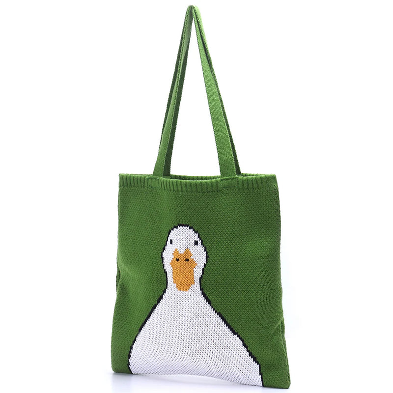 Cartoon Duck Green Tote Bag Crochet Knitting Shopping Women Top-handle Shoulder