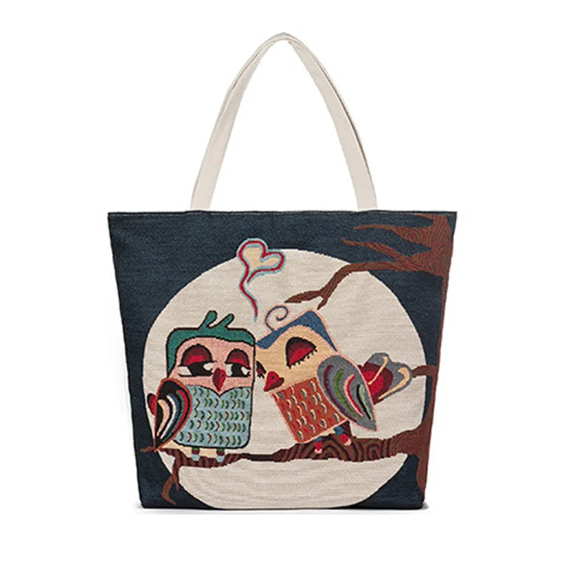 Cartoon Floral Owls Print Shoulder Bag Retro Women Handbags Tote