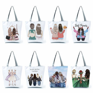 Girlfriends Sisters Print Linen Tote Bag Reusable Shoulder Bags