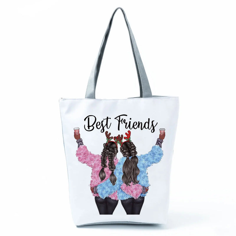 Girlfriends Sisters Print Linen Tote Bag Reusable Shoulder Bags