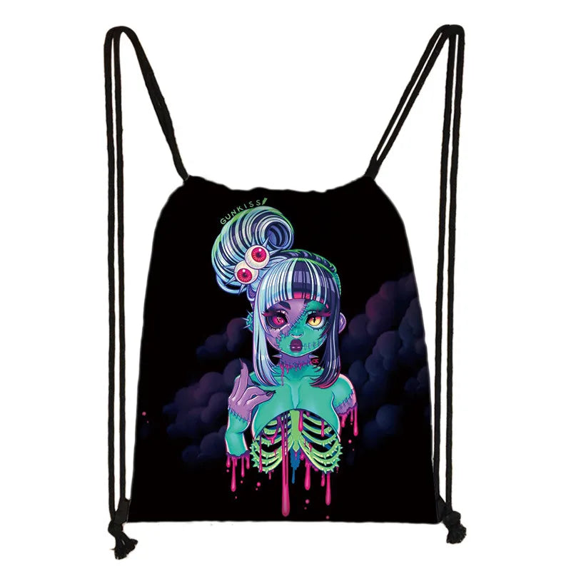 Gothic Girls Drawstring Backpack Women Canvas Bag