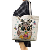 Cartoon Owl Printed Handbags Rope Tote Linen Shoulder Bags