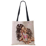 Cute Cartoon Mama Print Linen Tote Bag Reusable Shoulder Bags