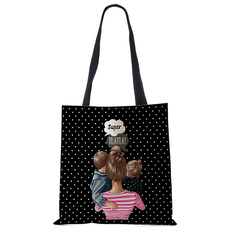 Cute Cartoon Mama Print Linen Tote Bag Reusable Shoulder Bags