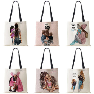 Cute Cartoon Mama Print Linen Tote Bag Reusable Shoulder Bags