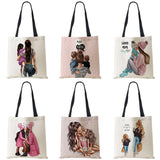 Cute Cartoon Mama Print Linen Tote Bag Reusable Shoulder Bags