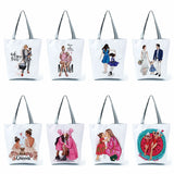 Cartoon Mama Linen Tote Bag Reusable Mom Baby Women Casual Shoulder Bag