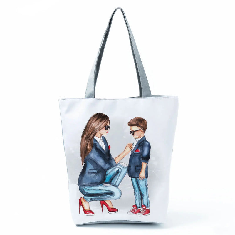 Cartoon Mama Linen Tote Bag Reusable Mom Baby Women Casual Shoulder Bag