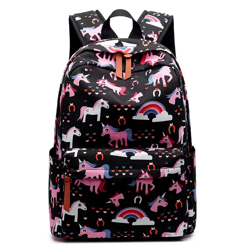 Cartoon Unicorn Flamingo Canvas Backpack Student School Bag