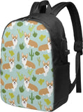 Corgi Cactus Dogs Backpack 17 Inch Laptop with USB Port