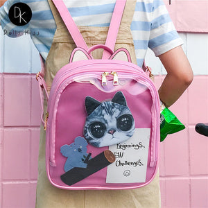 Cat Ear Transparent Backpack for Girls Harajuku Badge ITA Display Pin