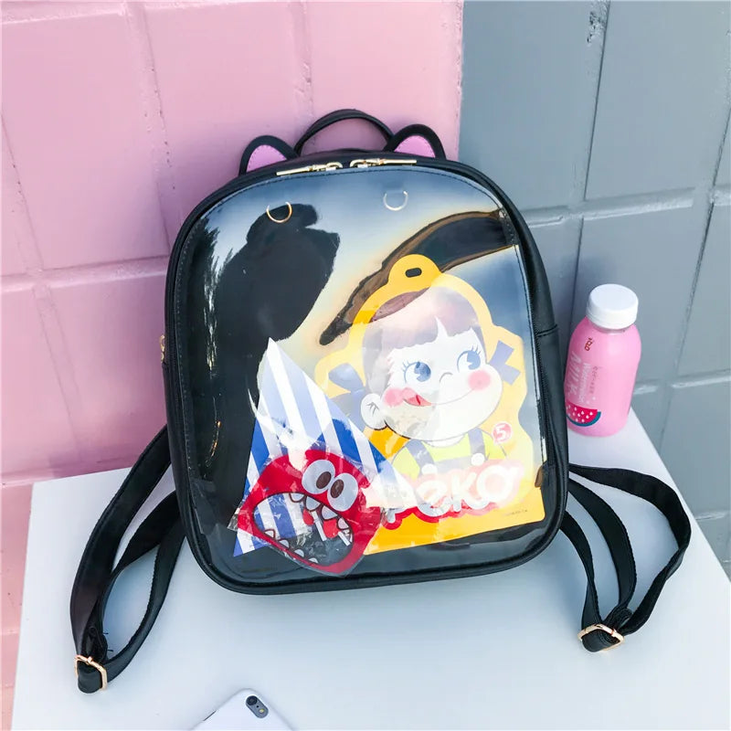 Cat Ear Transparent Backpack for Girls Harajuku Badge ITA Display Pin