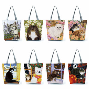 Cat Flower Painting Print Women Tote Bag Floral Handbags Large Shopping Bag