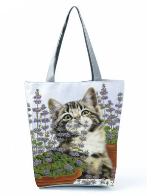 Cat Flower Painting Print Women Tote Bag Floral Handbags Large Shopping Bag