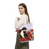 Cat Flower Painting Print Women Tote Bag Floral Handbags Large Shopping Bag