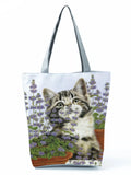 Cat Flower Painting Print Women Tote Bag Floral Handbags Large Shopping Bag