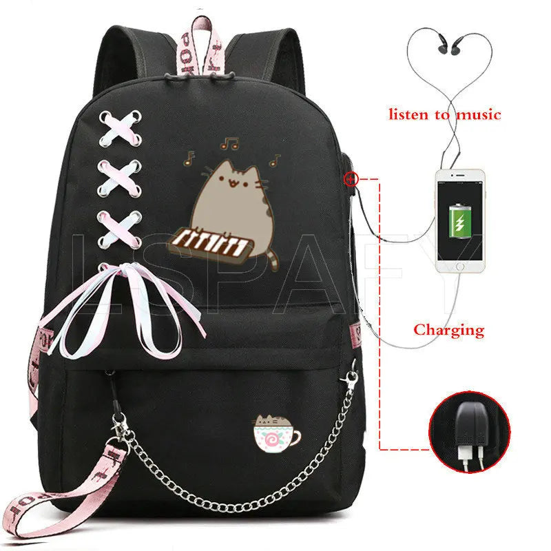Cat School Bags For Girls Women Backpack School Bags USB Charging