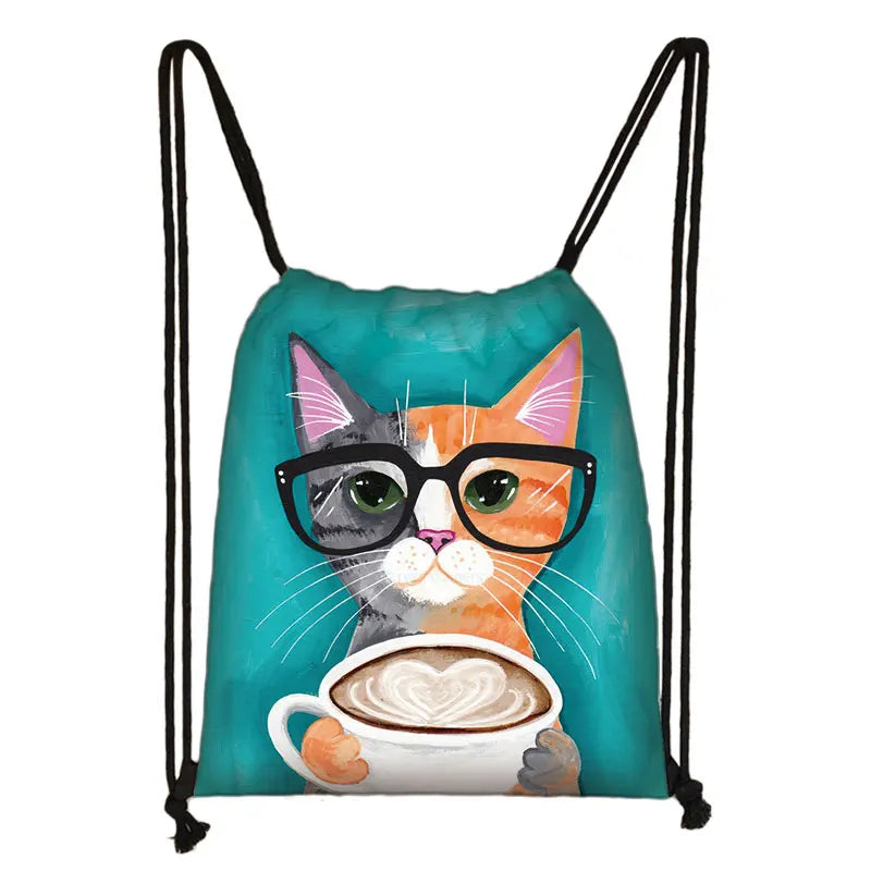 Cat Coffee Print Drawstring Bag Softback Backpack Girls Daypack
