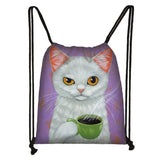 Cat Coffee Print Drawstring Bag Softback Backpack Girls Daypack