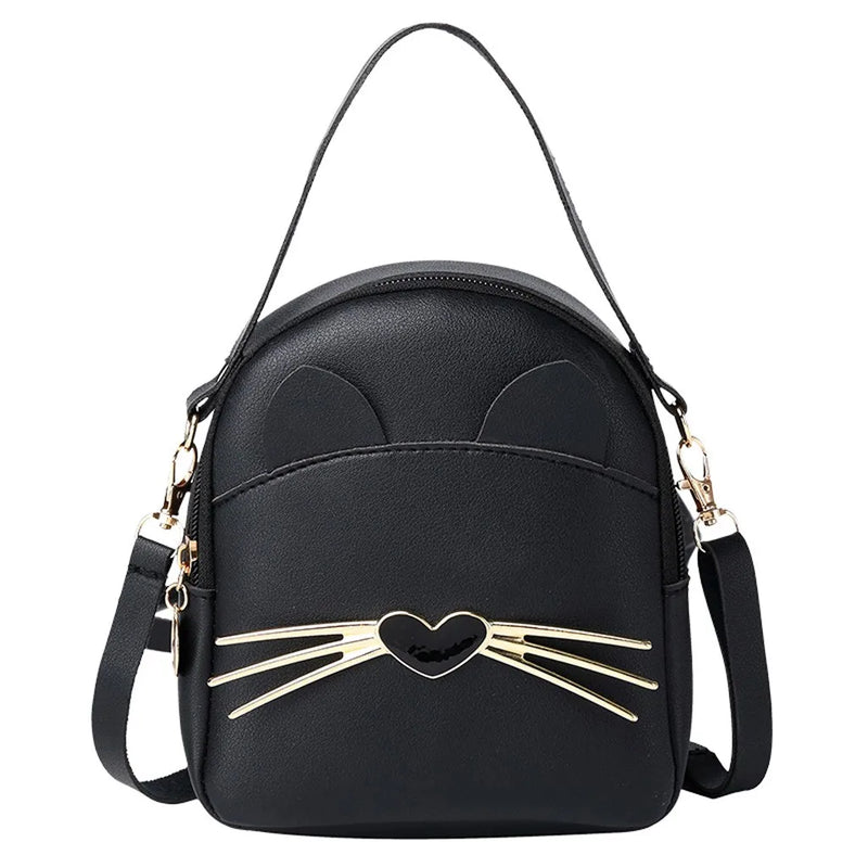 Cat Women Small Backpack Solid PU Leather Multi-function Backpacks Shoulder Bag