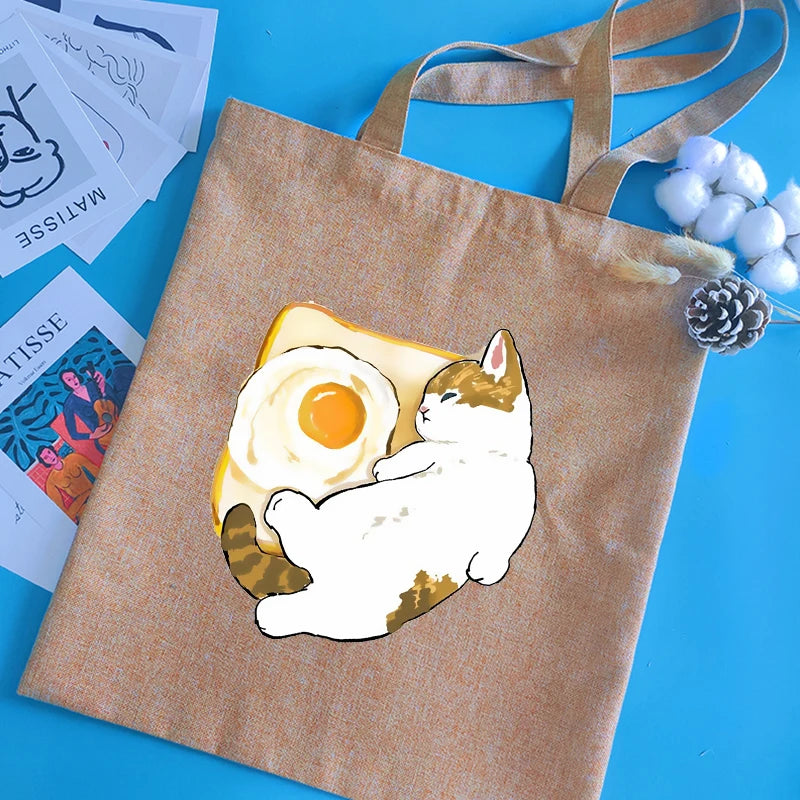 Cat Series Print Canvas Shopper Handbag Reusable Tote Bag