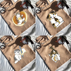 Cat Series Print Canvas Shopper Handbag Reusable Tote Bag