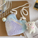 Checkered Pattern Crossbody Bag Plush Love Shape Handbag Soft Fluffy