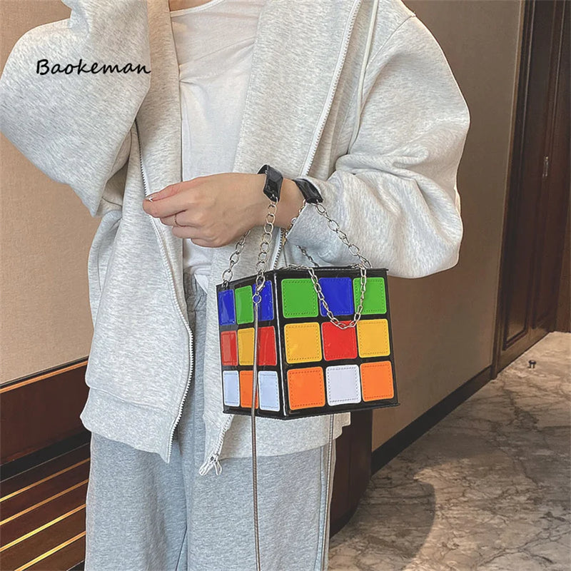 Colorful Cube Box Shoulder Handbags Women Girl Tote Mini Phone Bag
