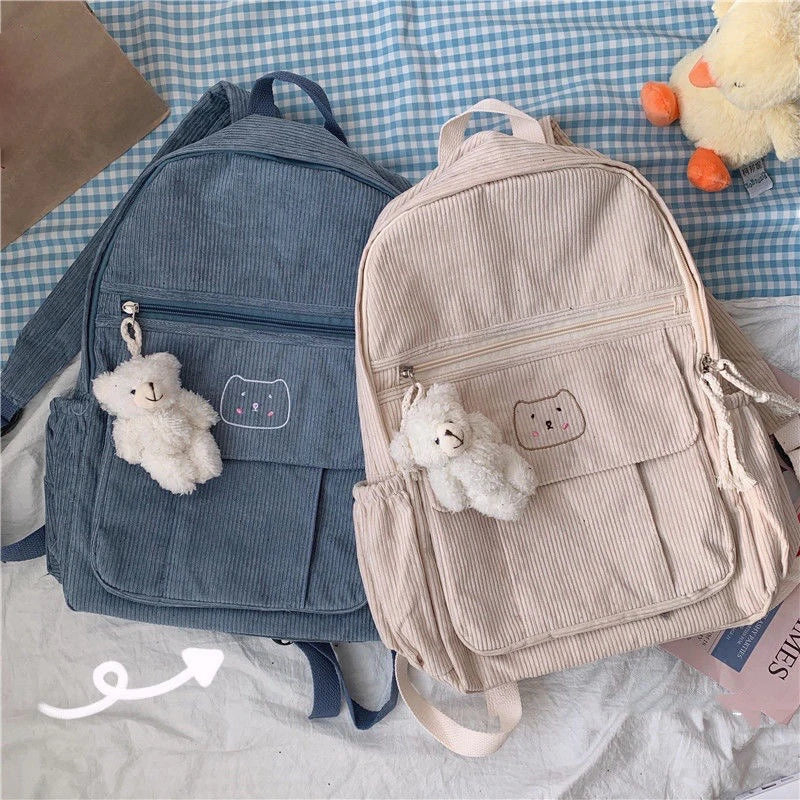 Corduroy Women Backpack Solid Female Student School Bag For Teenage Girl