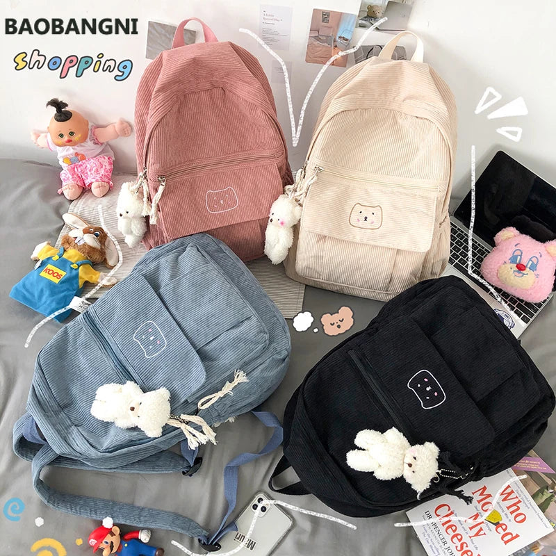 Corduroy Women Backpack Solid Student Schoolbag For Teenage Girl