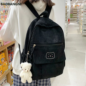 Corduroy Women Backpack Solid Student Schoolbag For Teenage Girl