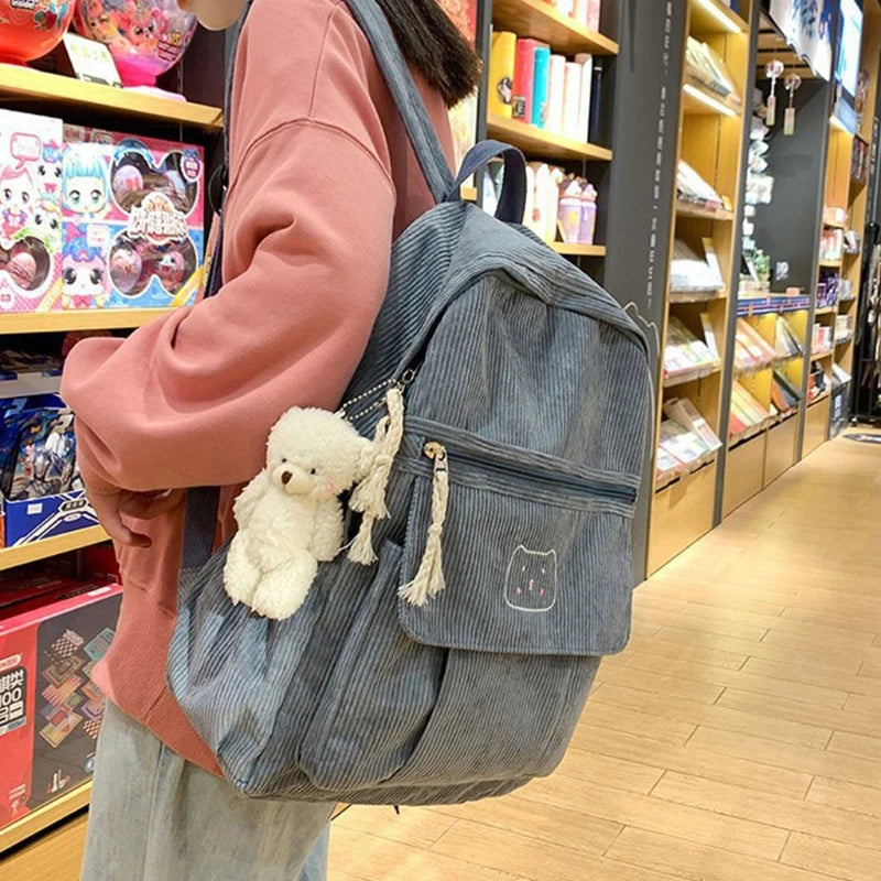 Corduroy Women Backpack Solid Female Student Schoolbag for Teenage Girl