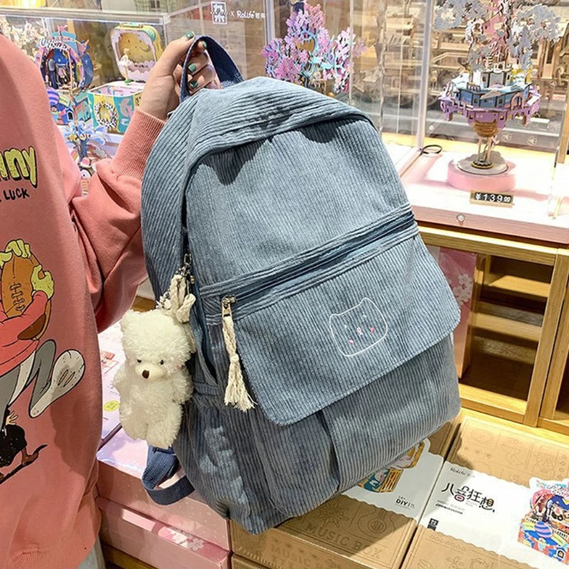 Corduroy Women Backpack Solid Female Student Schoolbag for Teenage Girl