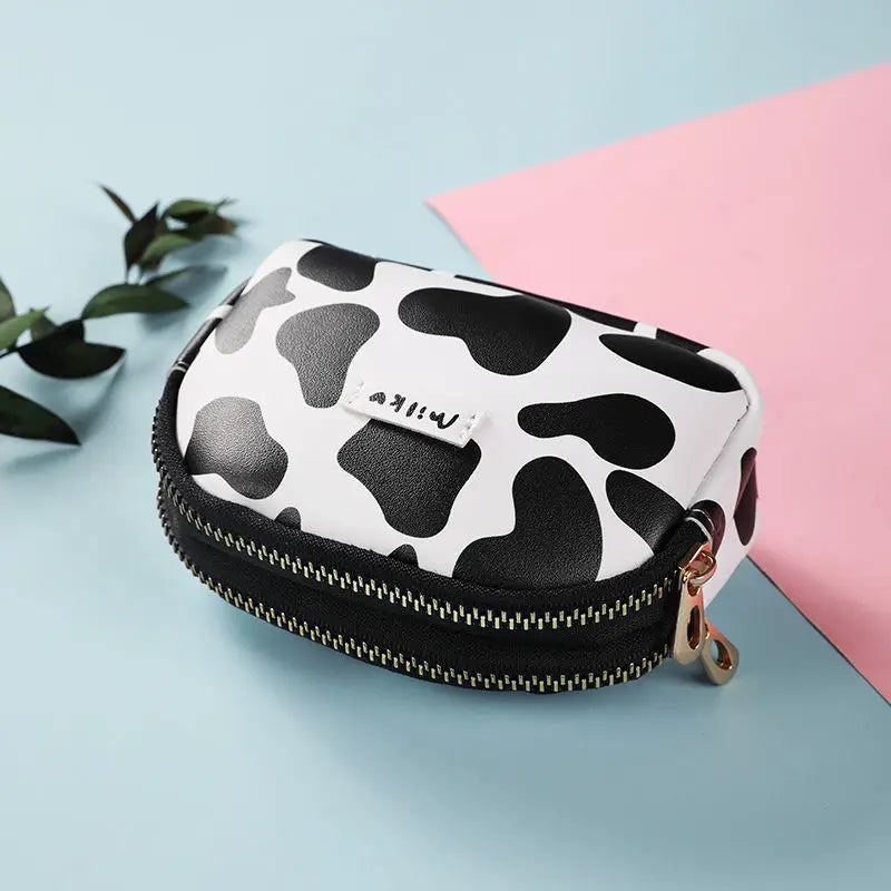 Cow Pattern Coin Purse Card Wallet Double Pocket Zipper Key Bag
