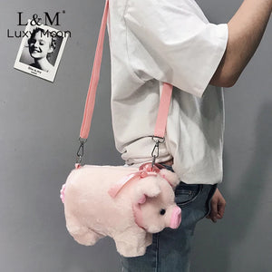 Fluffy Pig Bag Women Cartoon Pig Sling Bag Animal Pig Shaped Plush Shoulder Bag