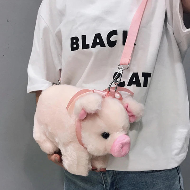 Fluffy Pig Bag Women Cartoon Pig Sling Bag Animal Pig Shaped Plush Shoulder Bag