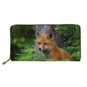 Fox Print Leather Wallet Card Holder Women Long Zip Wallets Coin Purse