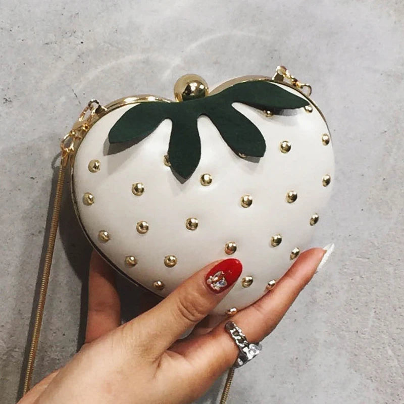 Strawberry Heart Shape Rivet Mini Chain Clutch Bag
