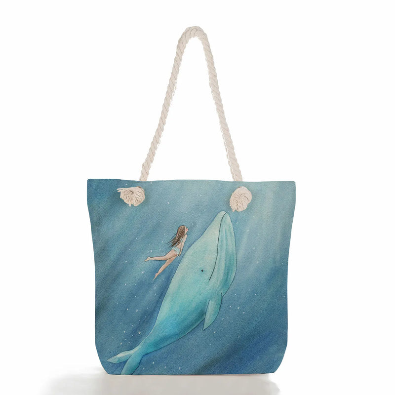Girl Whale Sea Tote Bag Eco Friendly Rope Women Shoulder Handbag