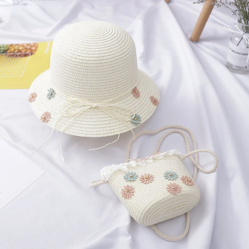 Girls Beach Bucket Breathable Cap Straw Sun Hat+Shoulder Handbag Set