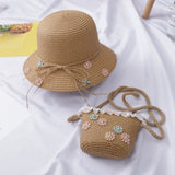 Girls Beach Bucket Breathable Cap Straw Sun Hat+Shoulder Handbag Set