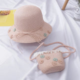 Girls Beach Bucket Breathable Cap Straw Sun Hat+Shoulder Handbag Set