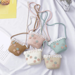 Girls Beach Bucket Breathable Cap Straw Sun Hat+Shoulder Handbag Set