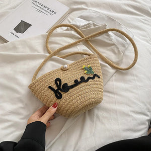 Girls Straw Beach Bag Woven Shoulder Bag Raffia Bucket Rattan Bags