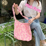 Pink Pleated Shoulder Strap Tote Handbag Floral Summer Crossbody Bag