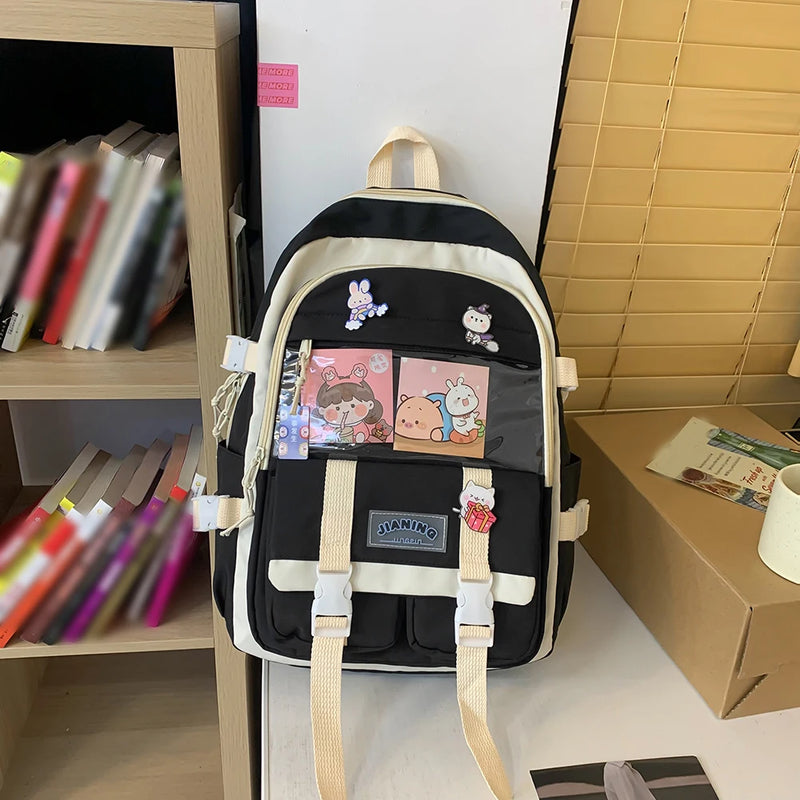 Harajuku Women Backpack Multi-Pocket Nylon School Bag Large-capacity