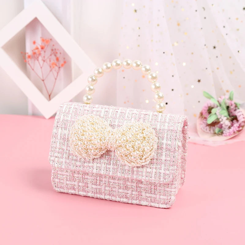 Kids Bowknot Linen Crossbody Bag with Coin Pouch - Baby Pearl Clutch Purse