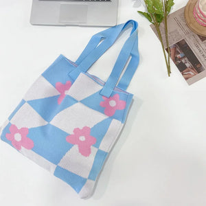 Plaid Flower Knitting Tote Bag for Women Girls