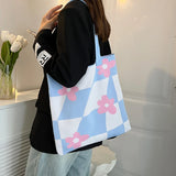 Plaid Flower Knitting Tote Bag for Women Girls