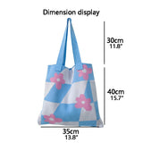 Plaid Flower Knitting Tote Bag for Women Girls